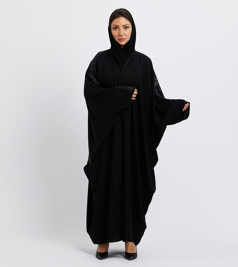 Black Embellished Batwing Sleeves Abaya