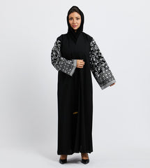 White Embroidered Long Sleeves Black Abaya