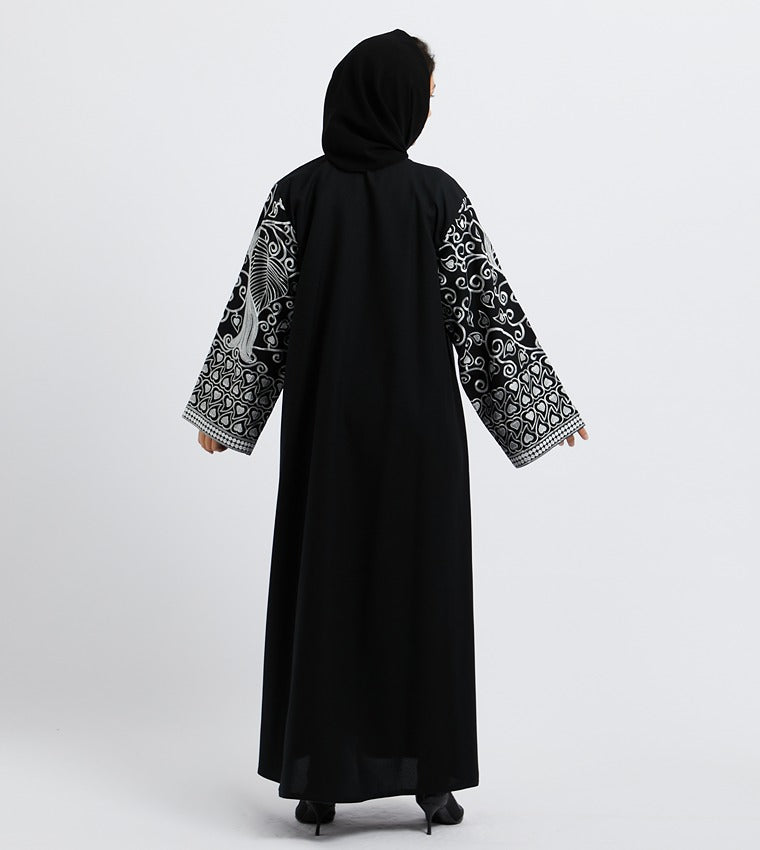 White Embroidered Long Sleeves Black Abaya