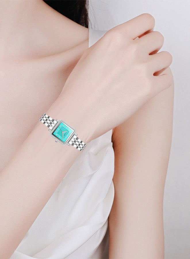 Square Turquoise Blue  Arabic Dial Analog Watch With Stainless Steel Strap