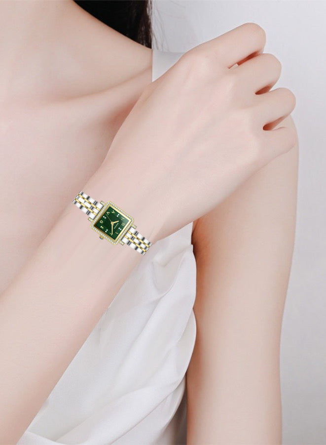 Square Green Arabic  Dial Analog Watch With Stainless Steel Strap