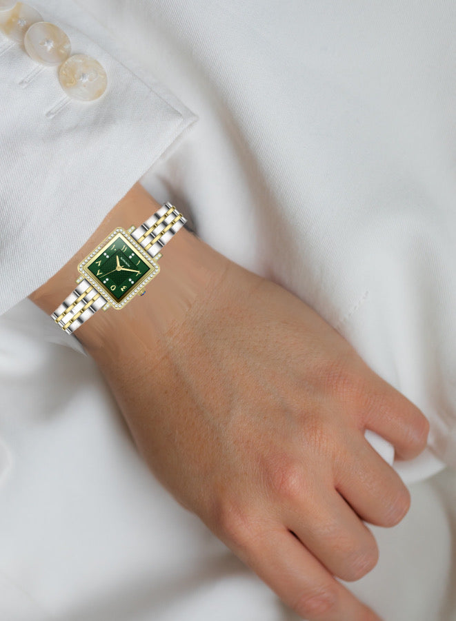 Square Green Arabic  Dial Analog Watch With Stainless Steel Strap