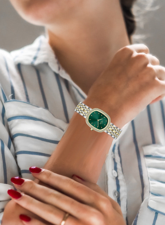 Embellished Ovale Green Dial Analog Watch