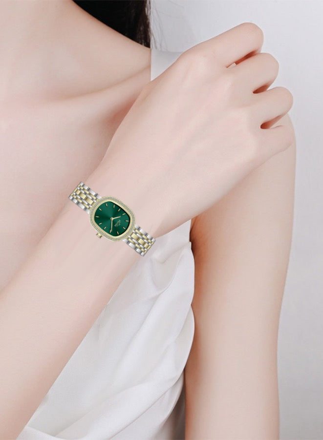 Embellished Ovale Green Dial Analog Watch