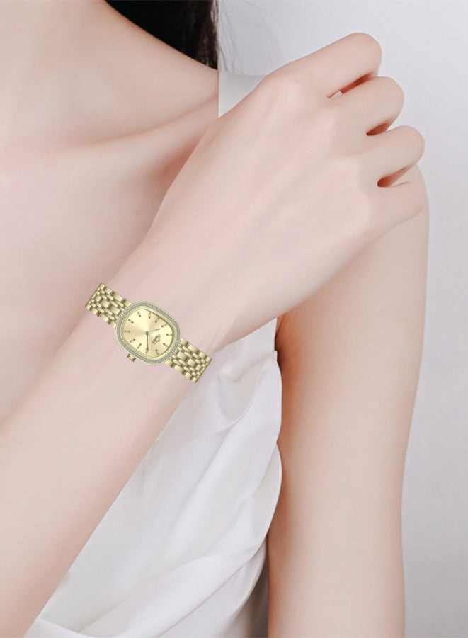 Embellished Ovale Gold Dial Analog Watch