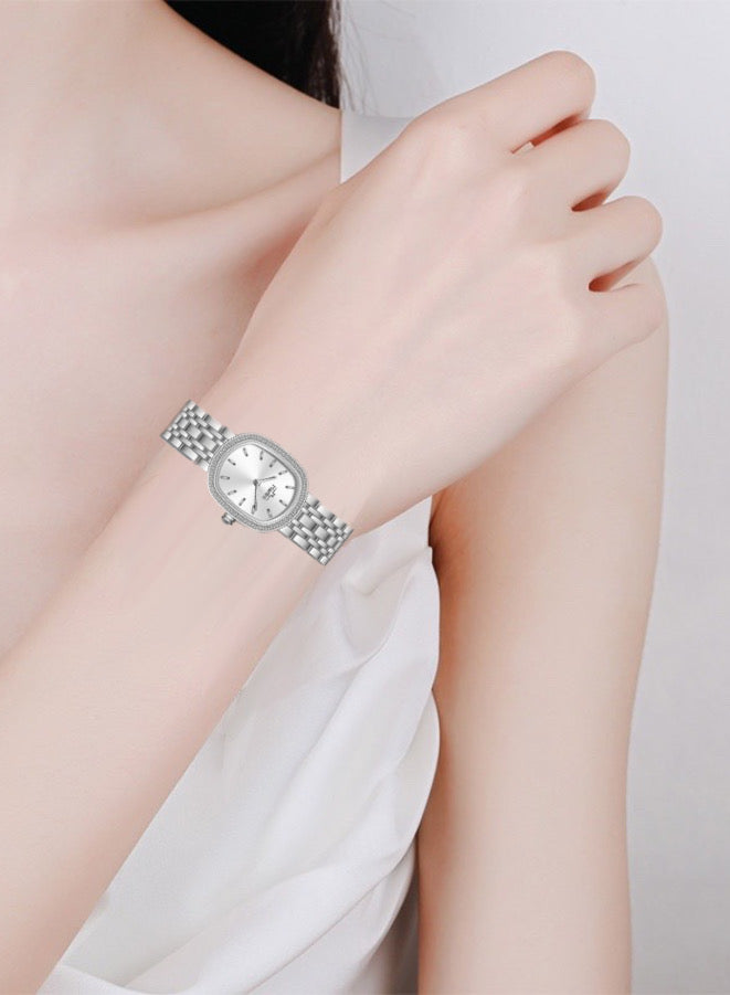 Embellished Ovale Silver Dial Analog Watch