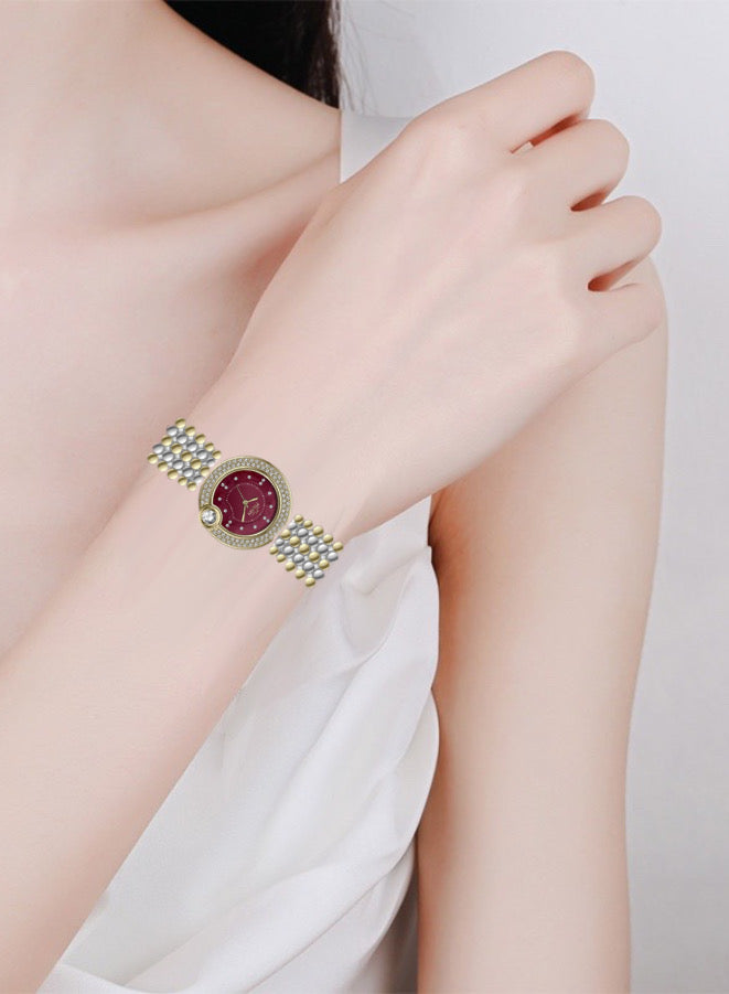 Embellished Circle Red Dial Analog Watch