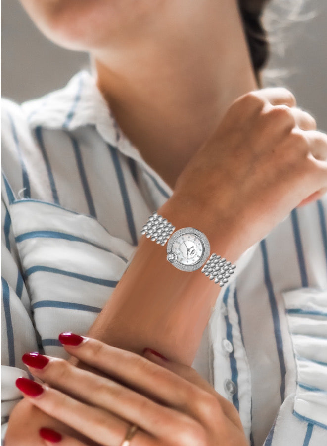 Embellished Circle Silver Dial Analog Watch