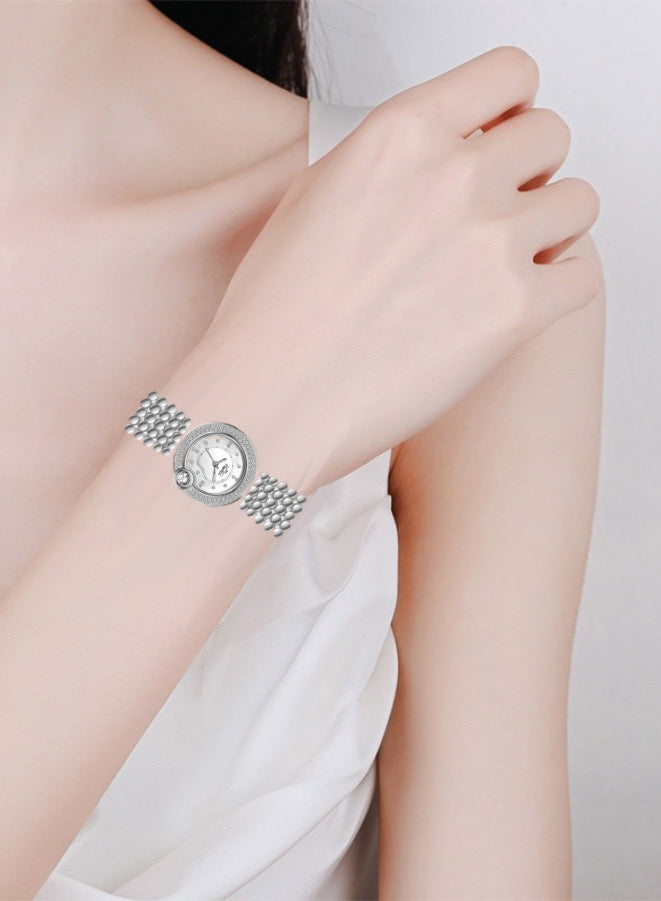 Embellished Circle Silver Dial Analog Watch