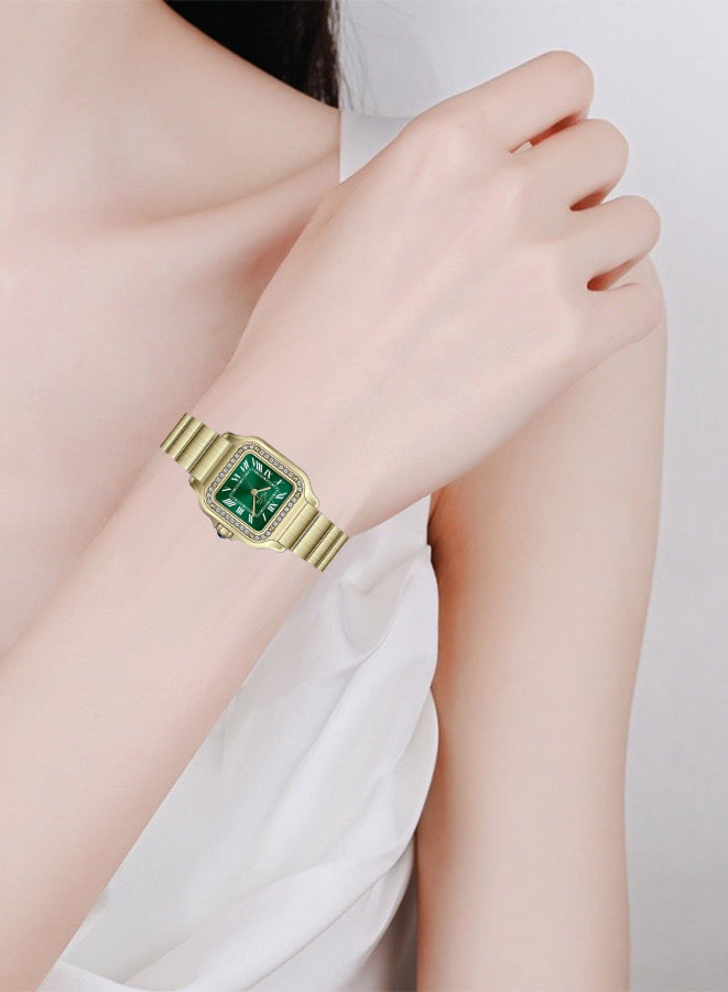 Embellished Square Green Dial Analog Watch