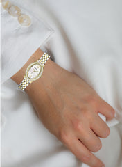 Embellished Oval Pearl White Dial Analog Watch