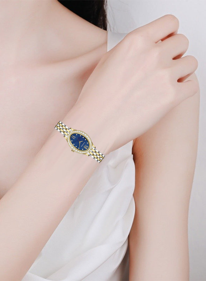 Embellished Oval Navy Blue Dial Analog Watch