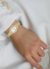 Embellished Oval Pearl White Dial Analog Gold Watch