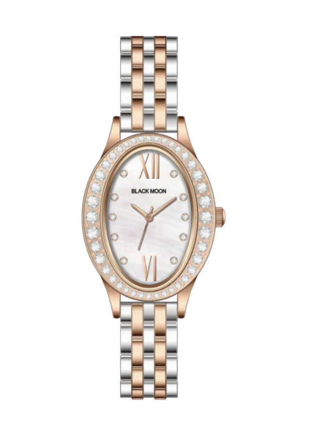 Embellished Oval Pearl White Dial Analog Rose Gold & Silver Watch