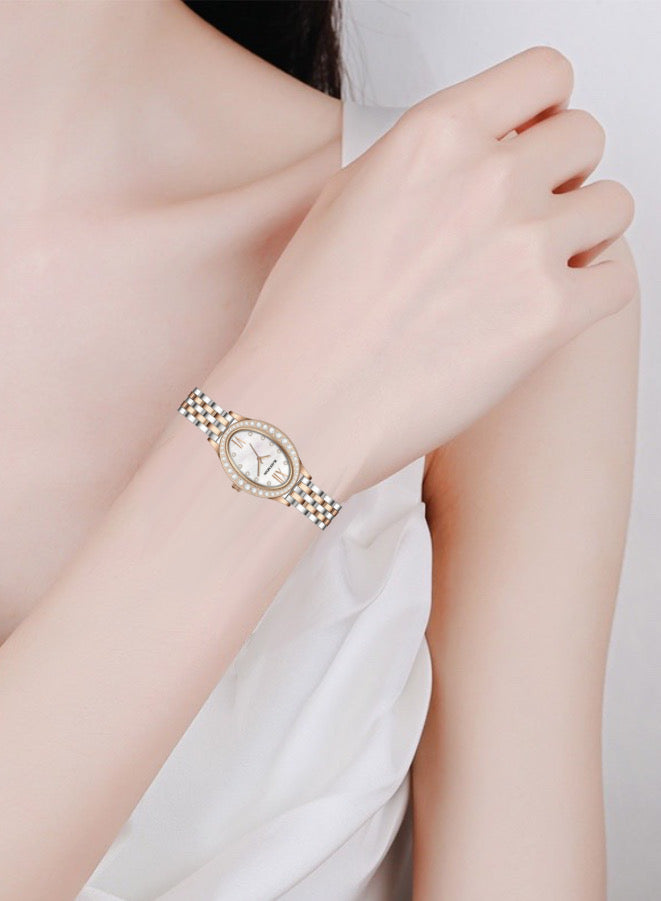 Embellished Oval Pearl White Dial Analog Rose Gold & Silver Watch