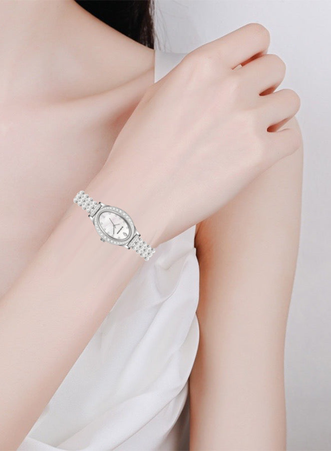 Embellished Oval Pearl White Dial Analog Silver Watch