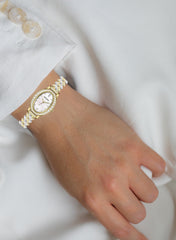 Embellished Oval Pearl White Dial Analog Gold & Silver Watch