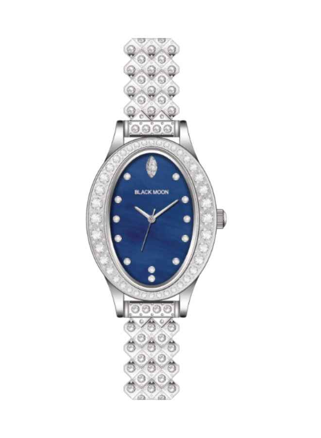 Embellished Oval Navy Blue White Dial Analog Silver Watch