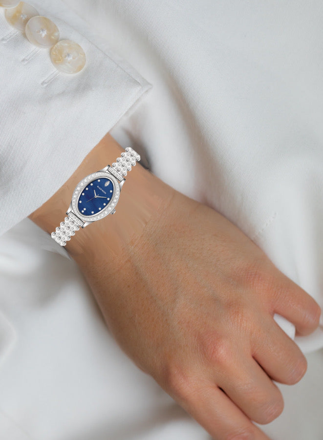 Embellished Oval Navy Blue White Dial Analog Silver Watch