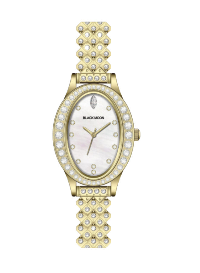 Embellished Oval Pearl White Dial Analog Gold Watch