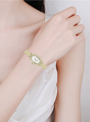 Embellished Oval Pearl White Dial Analog Gold Watch