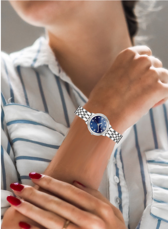 Embellished Round Blue Dial Analog Silver Watch