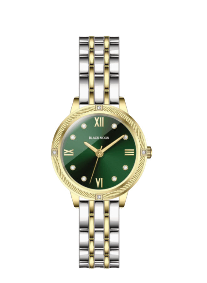 Embellished Round Green Dial Analog Gold & Silver Watch Silver