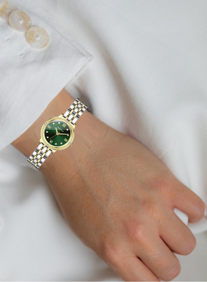 Embellished Round Green Dial Analog Gold & Silver Watch Silver