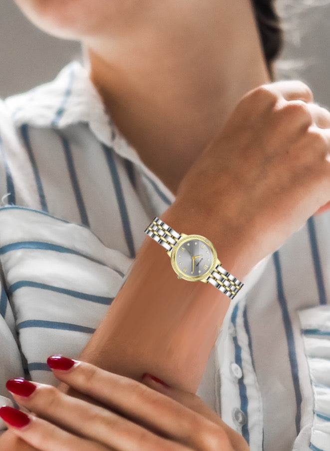 Embellished Round Grey Dial Analog Gold & Silver Watch