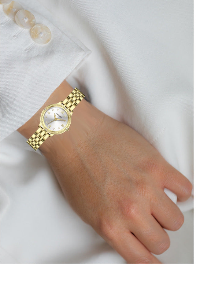 Embellished Round Silver Dial Analog Gold Watch