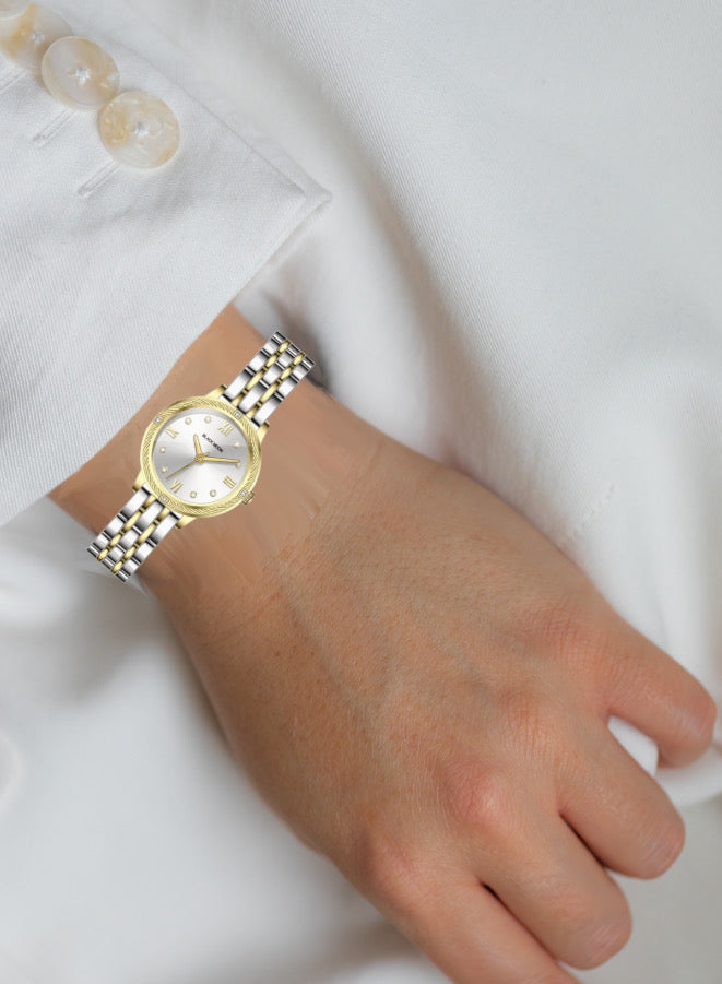 Embellished Round Silver Dial Analog Gold & Silver Watch