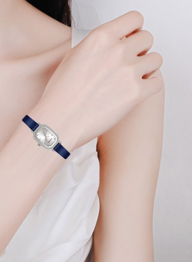 Embellished Rectangle Silver Dial Analog Blue Watch