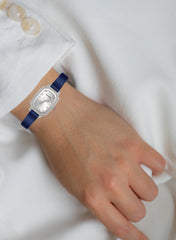 Embellished Rectangle Silver Dial Analog Blue Watch